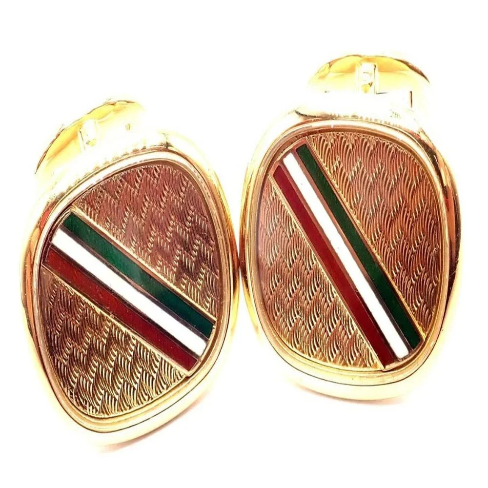 Rare! Patek Philippe 18k Yellow Gold Italian Flag Colors Enamel Large Cufflinks